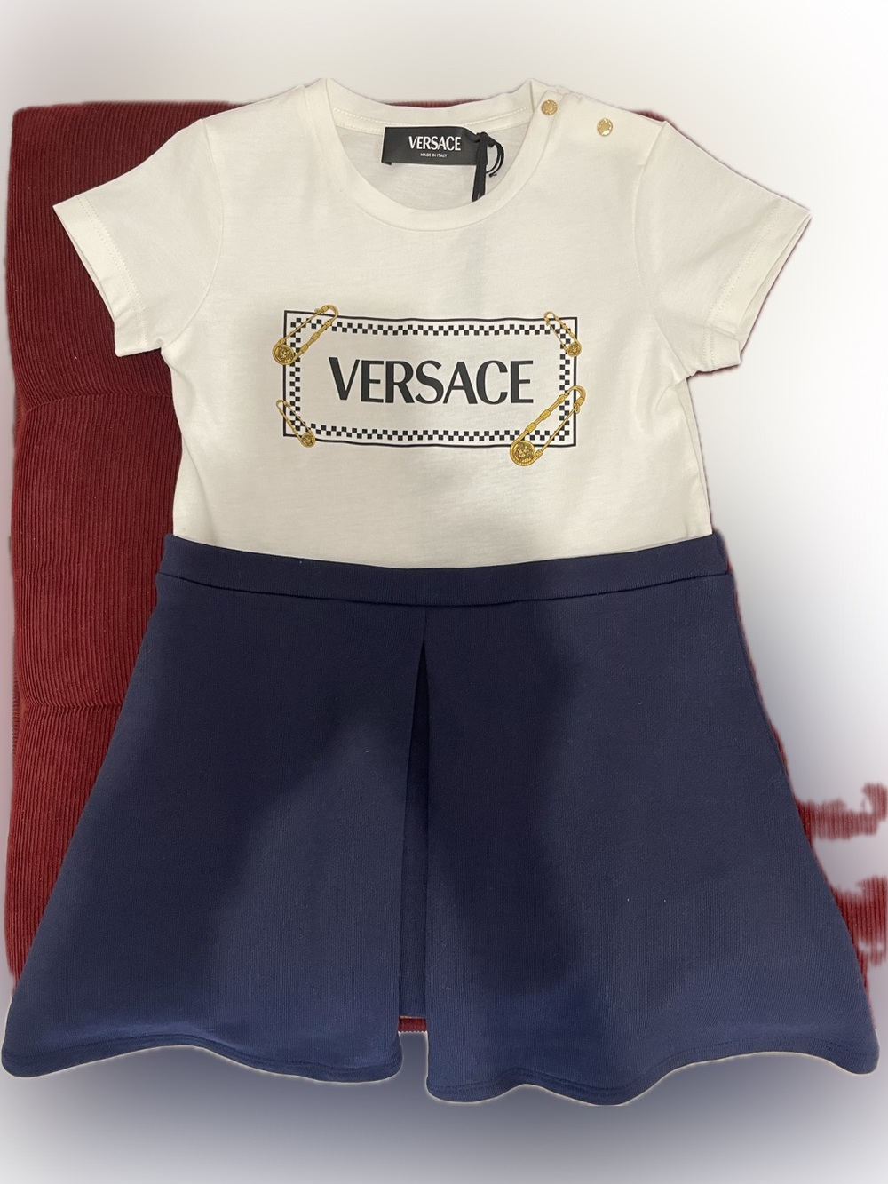 Versace Kids Cream Dress with Navy Logo Frame and Gold Buttons Toddler 3